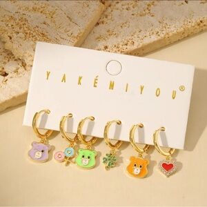 14K Gold Care Bears Heads Theme Huggie Hoop Mismatched Asymmetrical Earrings Set